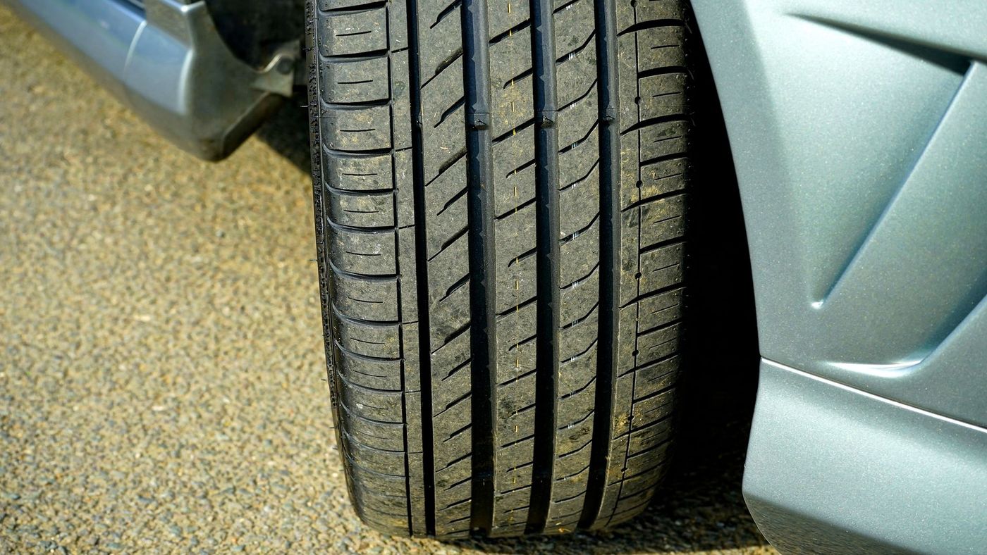 Close-up of a clean tyre and alloy wheel on a car
